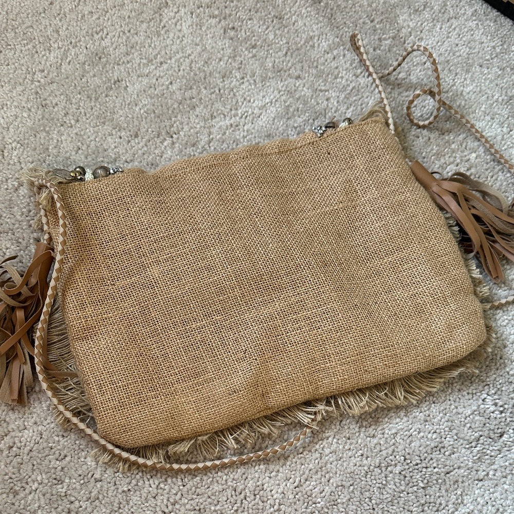 SHASHI Fringe Embellished Clutch - Tan and Silver - Picture 5 of 5